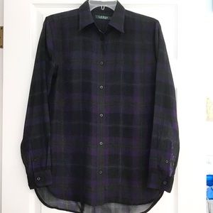 LAUREN Ralph Lauren plaid Sheer blouse Purple Green preppy womens size XS